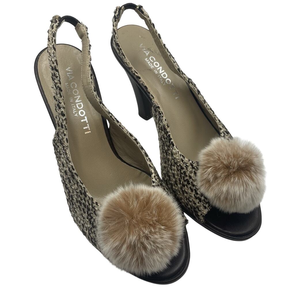 VIA CONDOTTI Size 6.5 Slingback High Heels Brown Tweed Fabric Upper Leather Sole - Picture 2 of 8